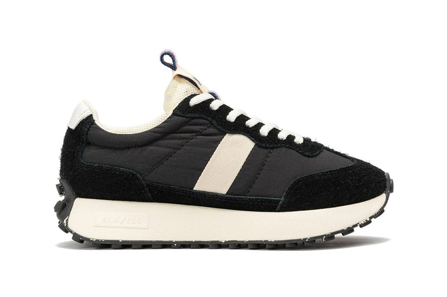 Women's Acorn Trainer sneaker in Black nylon and suede, side view
