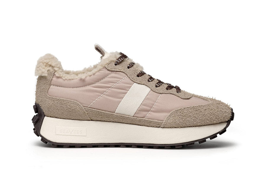 Women's Acorn Trainer sneaker in Cream Cafe nylon and suede, side view, alternate shot 2