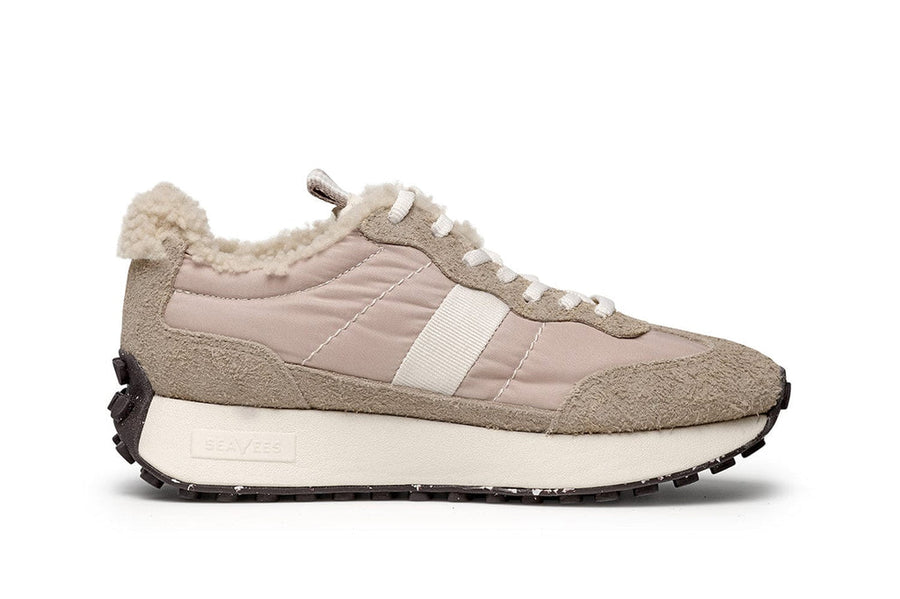 Women's Acorn Trainer sneaker in Cream Cafe nylon and suede, side view
