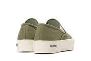Women's Baja Slip On in Surplus Green canvas, heel view