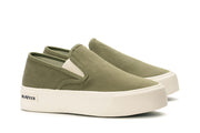 Women's Baja Slip On in Surplus Green canvas, three-quarter view