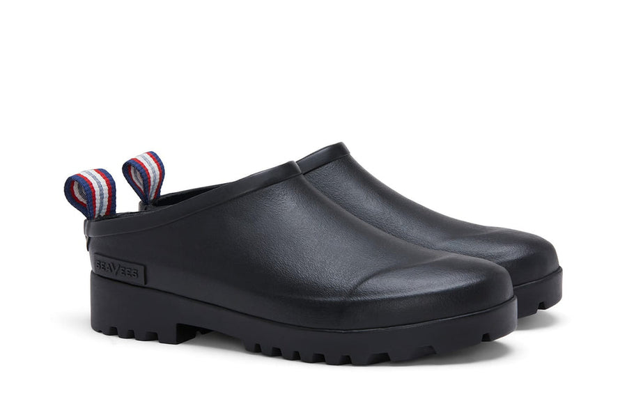 Women's Bodega Clog in Black rubber, three-quarter view