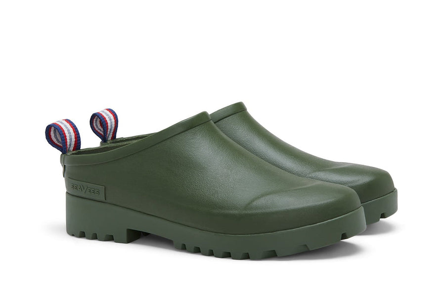 Women's Bodega Clog in Pesto rubber, three-quarter view