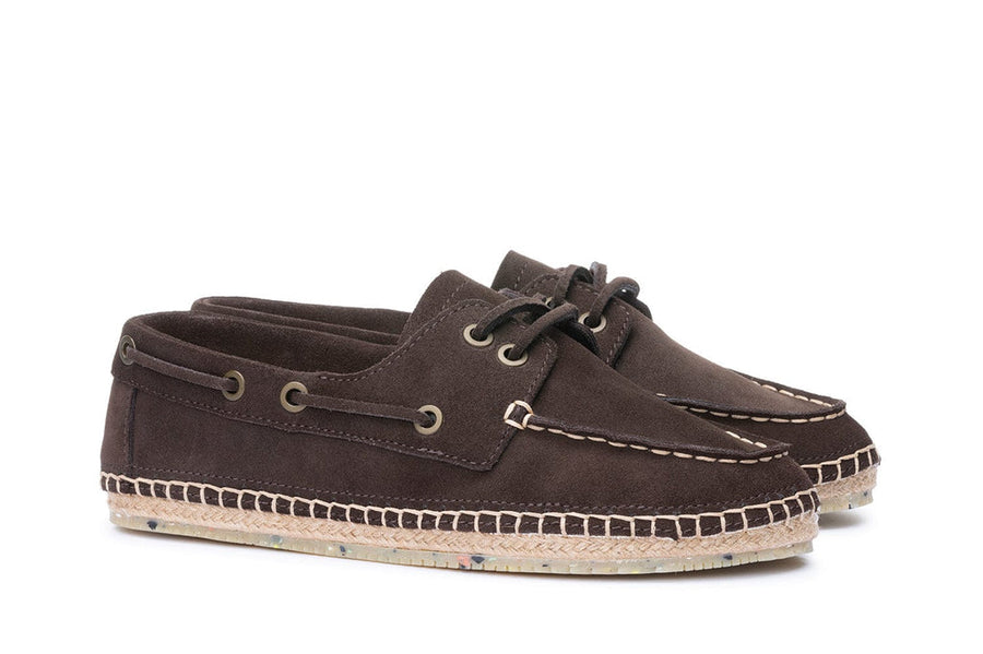 Women's Carmel Loafer in Dark Chocolate suede, three-quarter view