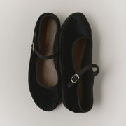 Women's Carlyle Mary Jane in Black velvet, pair on a white background, showing the strap closure