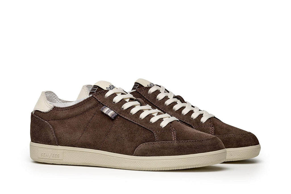 Women's Clipper Sneaker in Espresso suede, three-quarter view