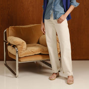 Women's Miramar Espadrille in Bloom mesh, worn by a person standing beside a leather chair in cream pants
