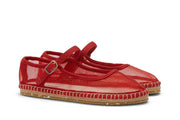 Women's Miramar Espadrille in Forever Red mesh, three-quarter view