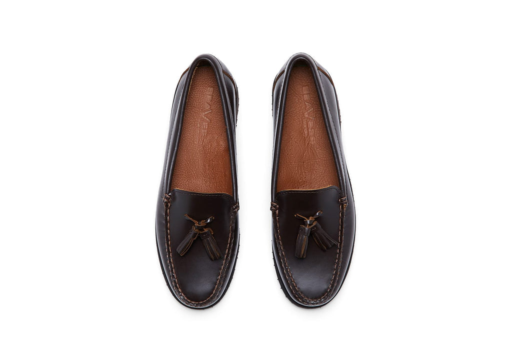 Women's Rickie Tassel Loafer in Dark Chocolate leather, top view