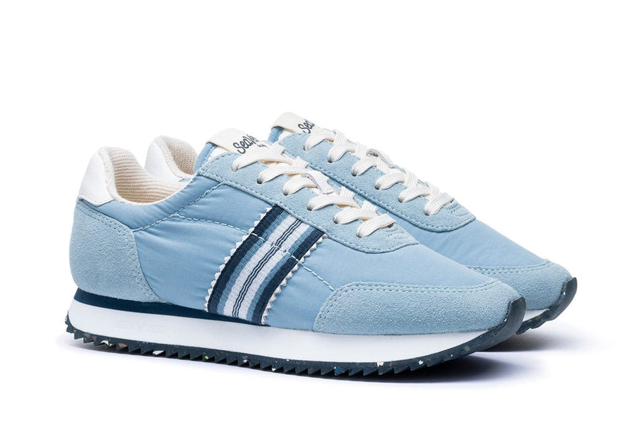 Women's Royal Runner sneaker in Sky Blue nylon and suede, three-quarter view