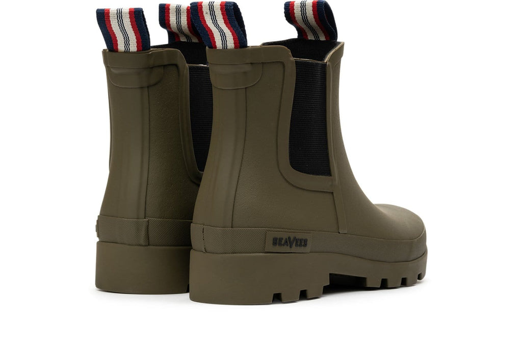 Women's Bolinas Off Shore Boot in Military Olive rubber, heel view