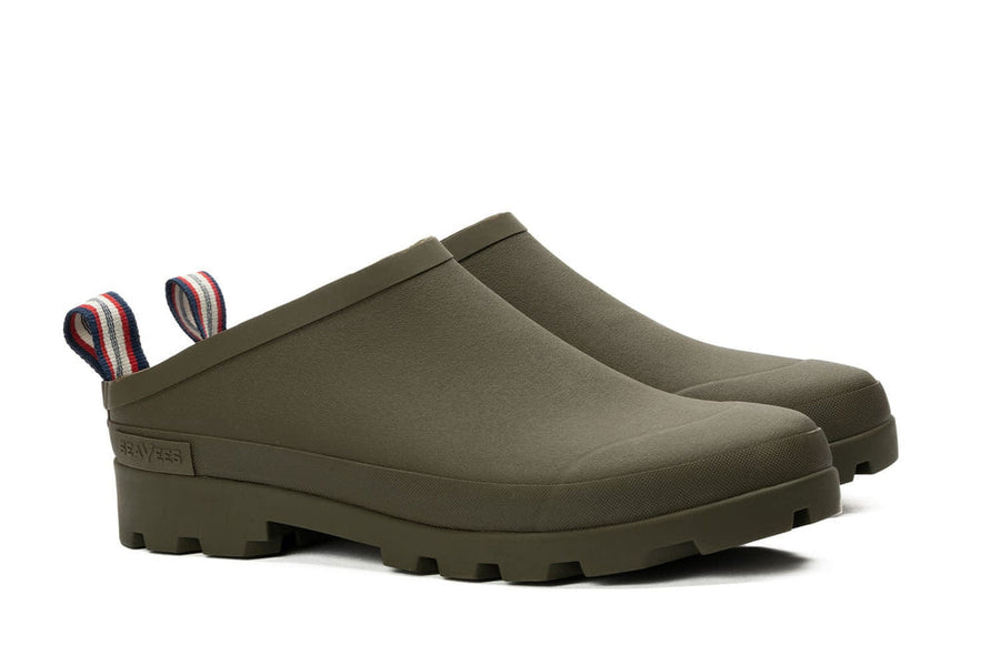 Men's Bodega Clog in Military Olive rubber, three-quarter view