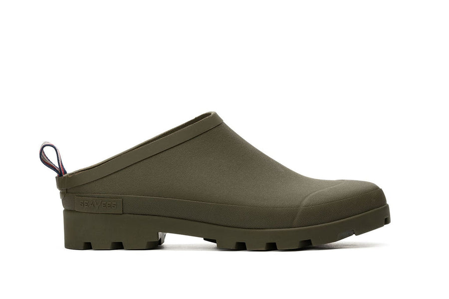Men's Bodega Clog in Military Olive rubber, side view