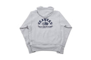 SeaVees x Camber heather gray hoodie, back view with navy SeaVees graphic