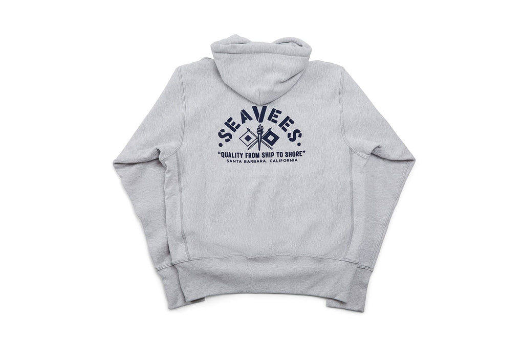 SeaVees x Camber heather gray hoodie, back view with navy SeaVees graphic