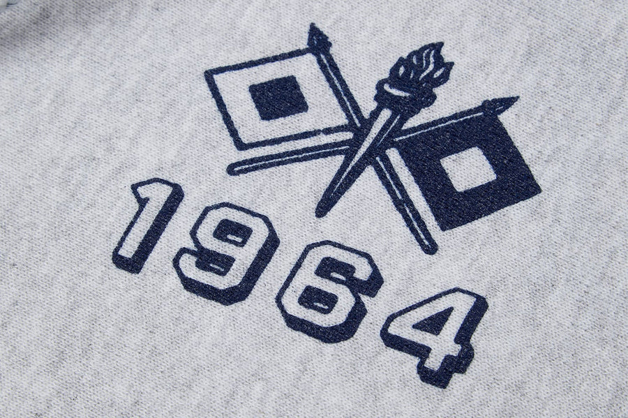 Close up of the navy signal flag and 1964 graphic on a gray hoodie