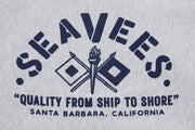 Close up of the navy SeaVees Quality From Ship To Shore graphic on gray fleece