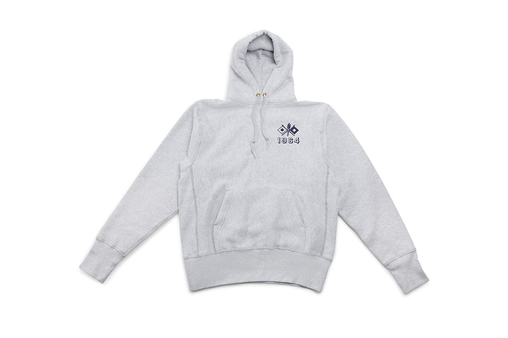 SeaVees x Camber heather gray hoodie, front view with small chest graphic