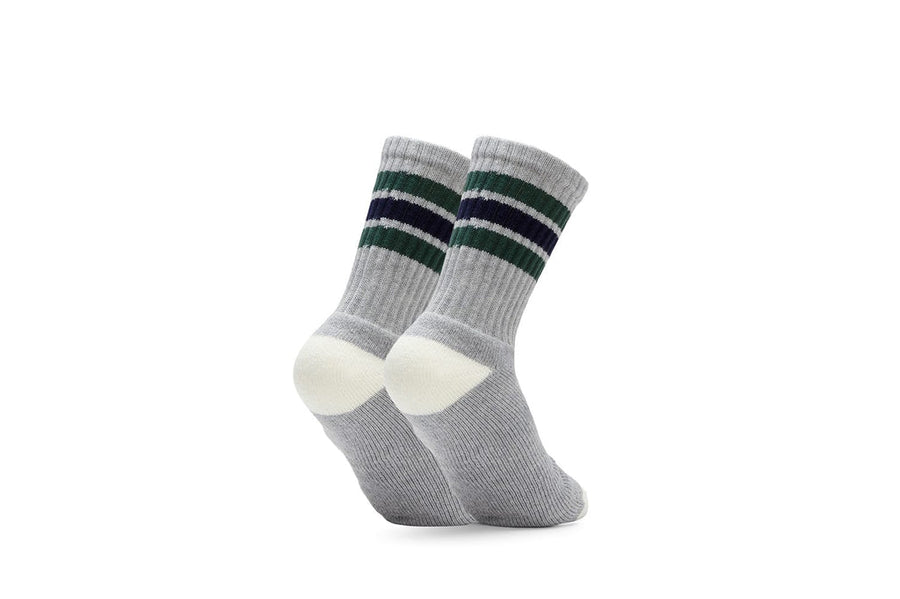 Heather gray crew socks with green and navy stripes, back view