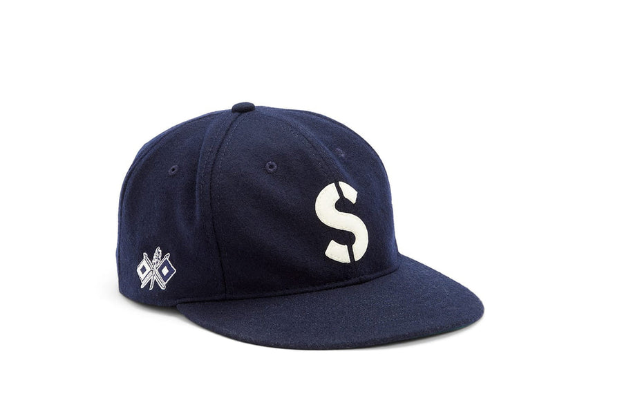 SeaVees x Ebbets Field navy wool ballcap with cream S, quarter view