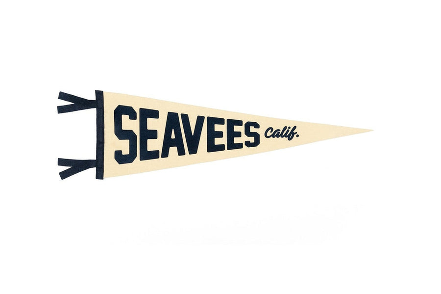 SeaVees Calif. cream and navy felt pennant on a white background