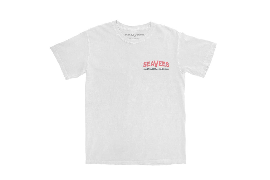 SeaVees Sandy white t-shirt, front view with small red chest logo