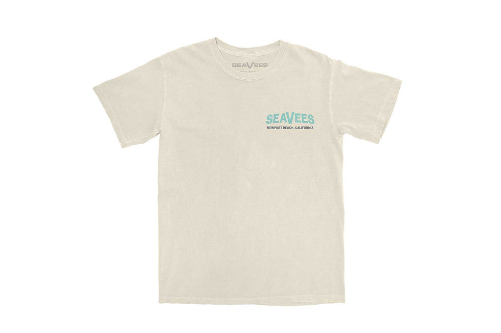 SeaVees Sandy natural t-shirt, front view with teal chest logo