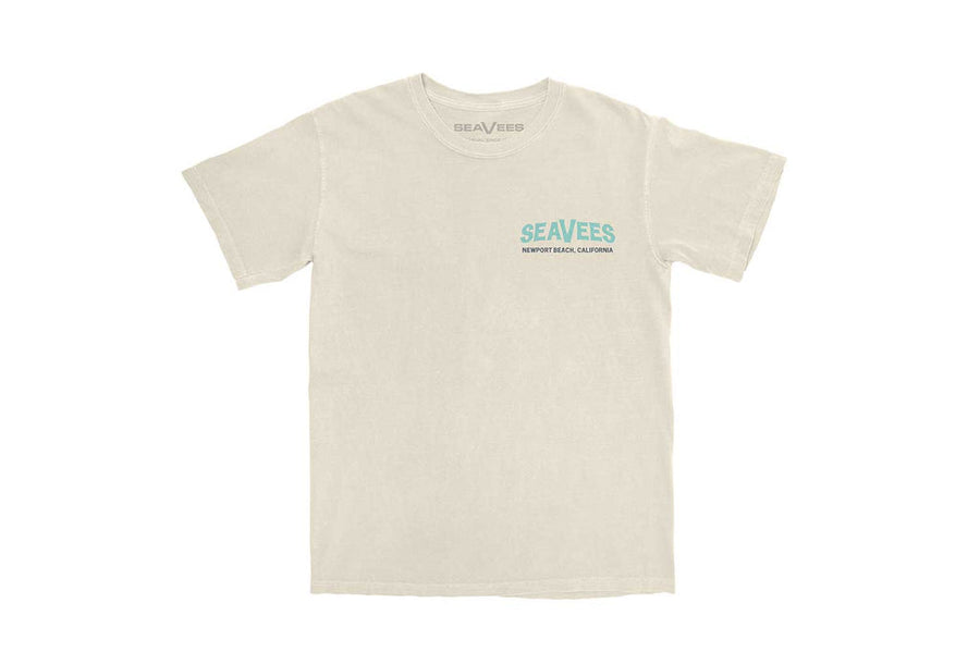SeaVees Sandy natural t-shirt, front view with teal chest logo