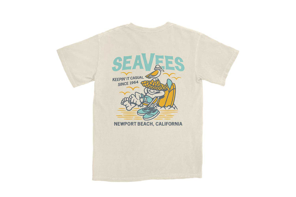SeaVees Sandy natural t-shirt, back view with Newport Beach graphic