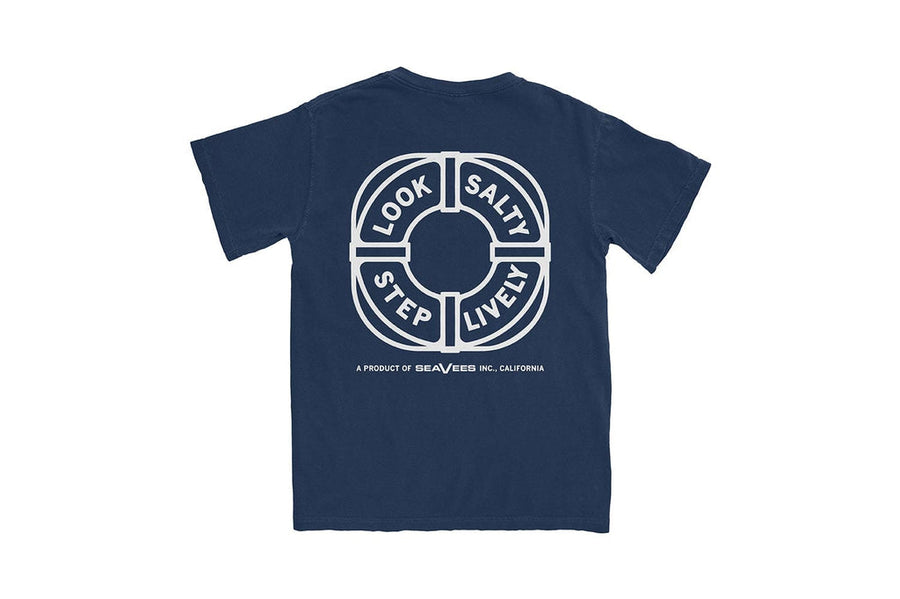 SeaVees Life Ring navy pocket t-shirt, back view with life ring graphic