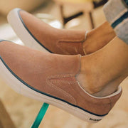 Men's Hawthorne Slip On in Terracotta suede, close-up of the perforated upper