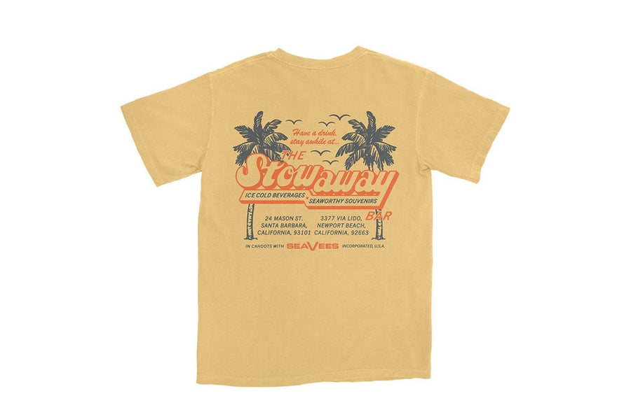 SeaVees Stowaway mustard t-shirt, back view with palm tree graphic