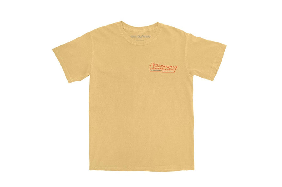 SeaVees Stowaway mustard t-shirt, front view with orange chest logo