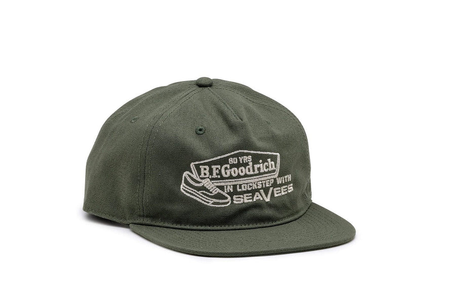 SeaVees Founders Edition olive green flat brim hat with cream patch, front view