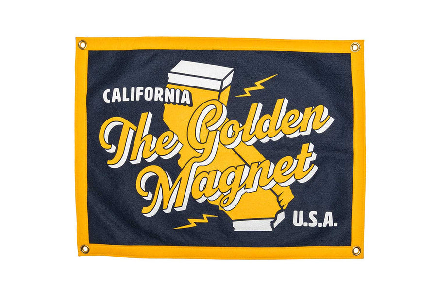 Golden Magnet navy and gold California camp flag with yellow trim