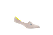 Women's Hideaways no-show sock in gray with yellow heel trim, side view