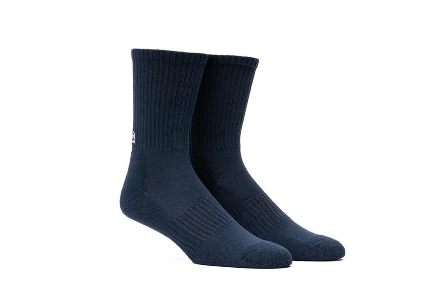 Navy crew socks with small SeaVees logo, quarter view