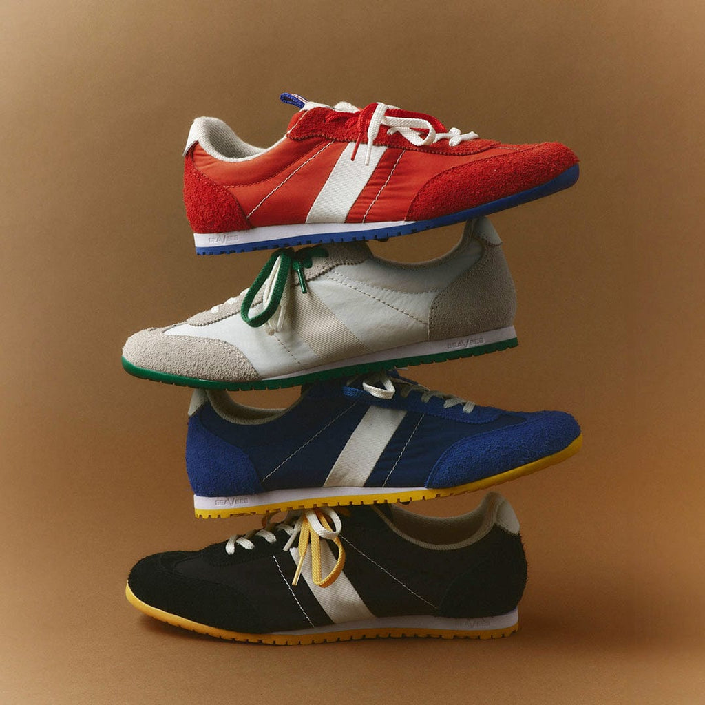 Women's Parsons Low Profile Trainer sneaker in Ribbon Red nylon and suede, four sneakers stacked