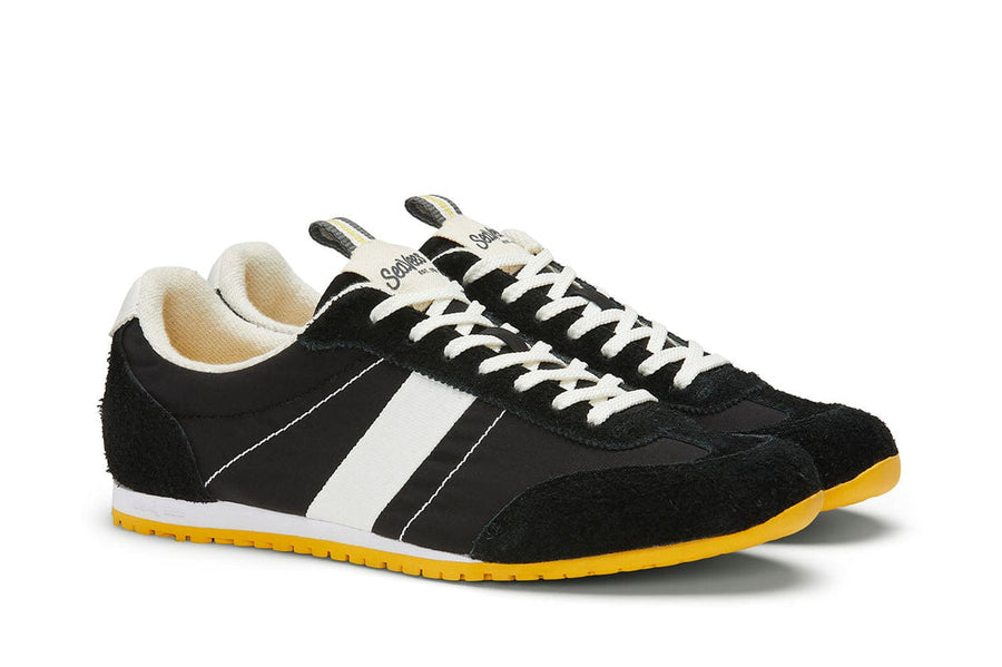 Women's Parsons Low Profile Trainer sneaker in Black nylon and suede, three-quarter view