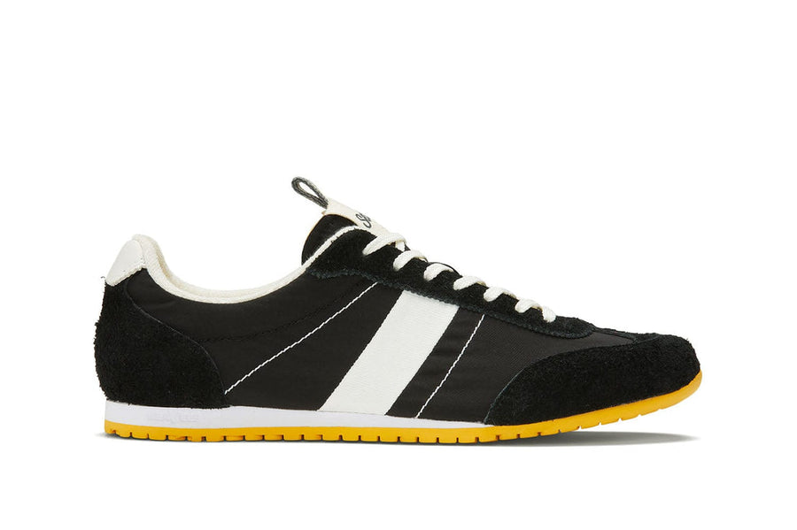 Women's Parsons Low Profile Trainer sneaker in Black nylon and suede, side view
