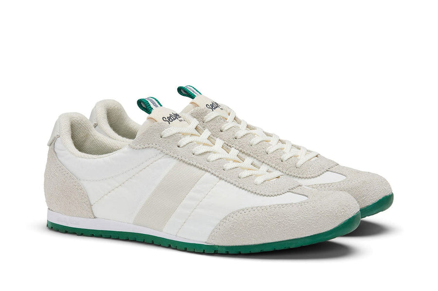 Women's Parsons Low Profile Trainer sneaker in Champion White nylon and suede, three-quarter view