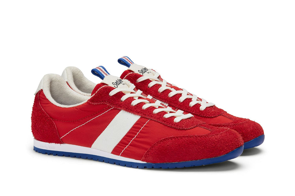 Women's Parsons Low Profile Trainer sneaker in Ribbon Red nylon and suede, three-quarter view