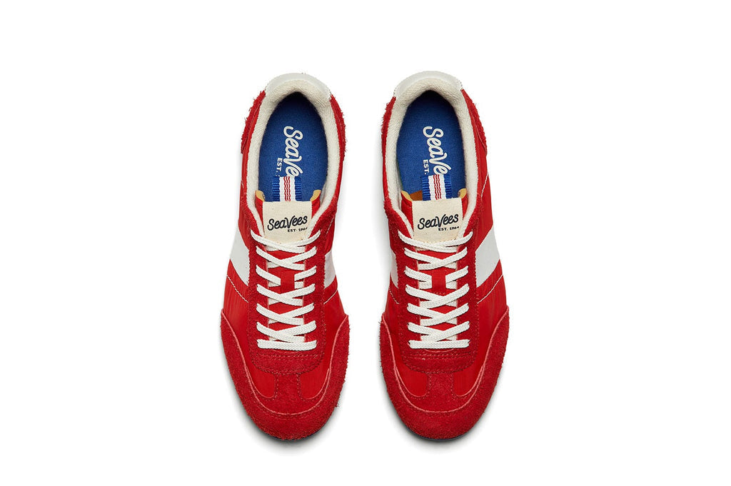 Women's Parsons Low Profile Trainer sneaker in Ribbon Red nylon and suede, top view