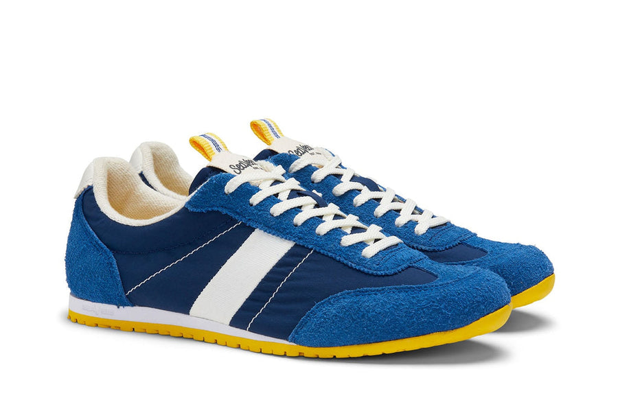 Women's Parsons Low Profile Trainer sneaker in Varsity Blue nylon and suede, three-quarter view